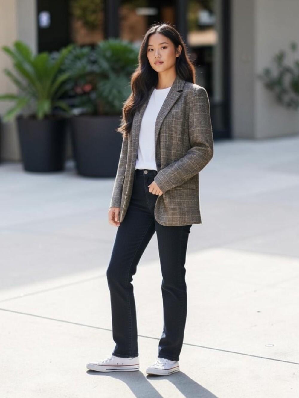 Old Navy Relaxed Twill Blazer M Brown Plaid 2 Button Jacket - Picture 4 of 11